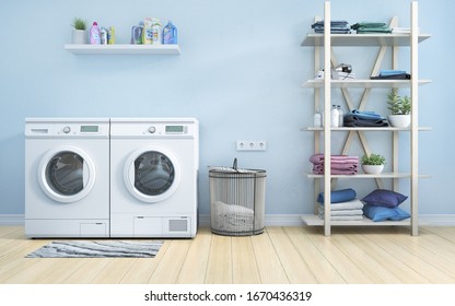Waschküche mit blauer Wand, Korb, Blumen und Regal. 3D-Illustration 