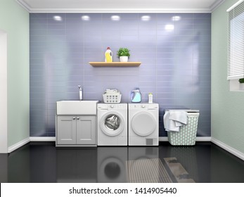 Laundry Room Design With Washing Machine. 3d Illustration