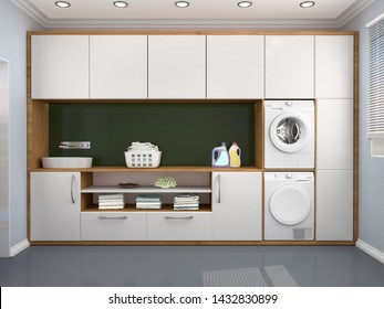 Laundry Room Design With Washing Machine. 3d Illustration