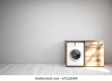 Laundry Room Interior With A White Wooden Floor, A Gray Wall, A Built In Washing Machine Inside A Wooden Cabinet. 3d Rendering Mock Up