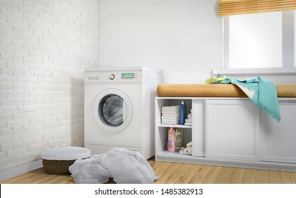 Laundry Room, Linen, White Brick Wall And Wood Floor. 3d Illustration