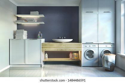 Laundry Room, Sink And Facades . 3d Illustration