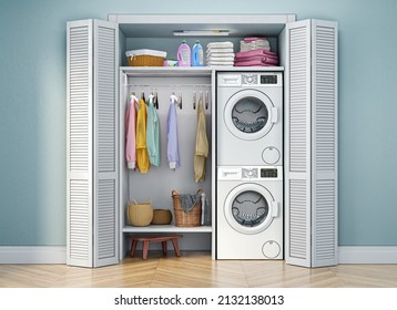 Laundry Room , Washing Machines, Clothes, Baskets At The Interior With Blue Wall. 3d Illustration