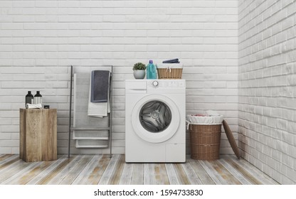 Laundry Room At The White Brick Wall . 3d Illustration.