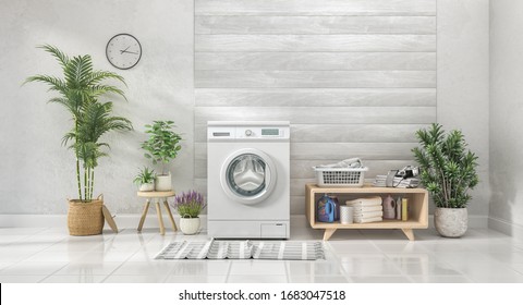 Waschküche mit weißer Wand und Holzwand, Blumen. 3D-Illustration 