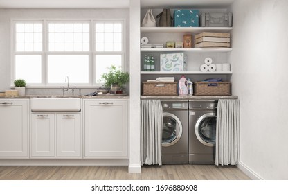 Laundry Room With Wood Floor, Washing Machine At Closet,white Wall, Shelving,clothes With Classic Kitchen . 3d Illustration 