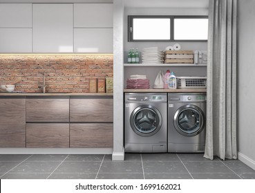 Laundry Room With Wood Floor, Washing Machine At Closet, Shelving And Clothes. 3d Illustration 