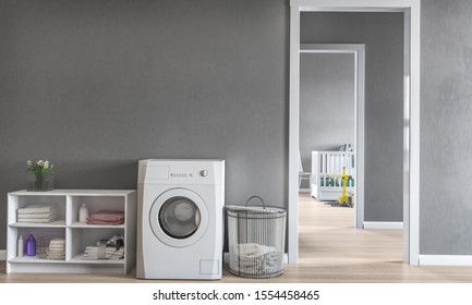 Laundry Room,3d Illustration  With Children's Room