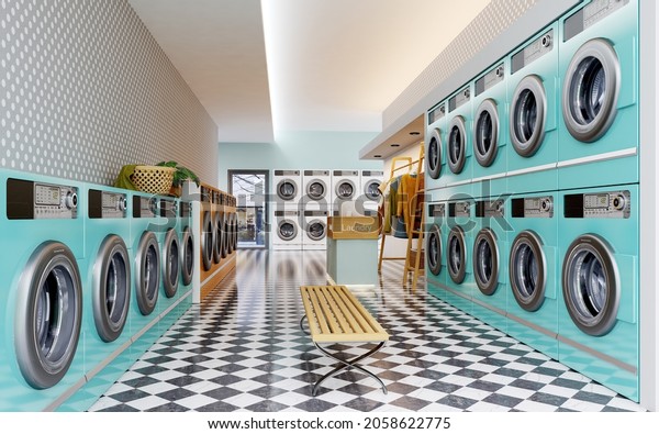 Laundry shop interior with counter and washing\
machines.3d\
rendering
