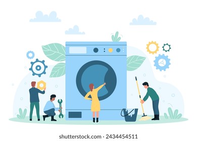 Laundry, washing machine repair and maintenance service illustration. Cartoon tiny people repairing broken home electric appliance with instruments, professional technicians work with equipment - Powered by Shutterstock