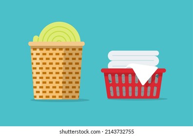 Laundry Wicker Basket Linen Dirty And Clean Cotton Towels Or Plastic Red Bassinet Isolated With White Clothes Textile Pile Closeup Graphic Flat Illustration, Concept Of Cleaning Wash Chores Image