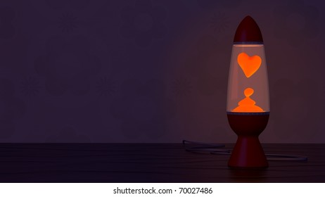 Lava Lamp With Heart Shaped Blob. Groovy Retro Wallpaper Backdrop And Copyspace Perhaps For Some Romantic Text