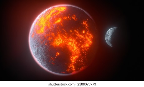 A Lava Planet Is Orbited By Its Moon (3d Rendering)