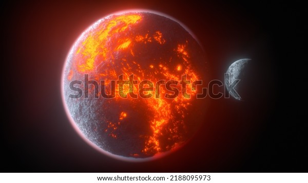 a lava\
planet is orbited by its moon (3d\
rendering)