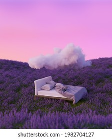 Lavender Bed Cloud Surreal Art 3d Rendering