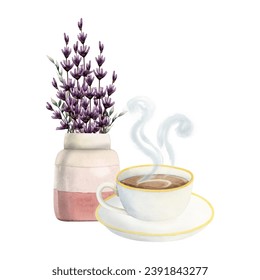 Lavender coffee cup with hot cappuccino with steam and vase with bouquet watercolor illustration isolated on white background for cafe menus, logos, and aroma prints - Powered by Shutterstock