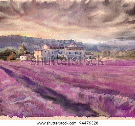 Lavender field in Provence. Watercolor painting
