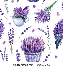 Lavender Flower, Basket, Hearts, Seamless Pattern. Floral Background, Watercolor Floral Design.