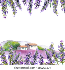 Lavender Flowers And Rural Farm House. Watercolor Card