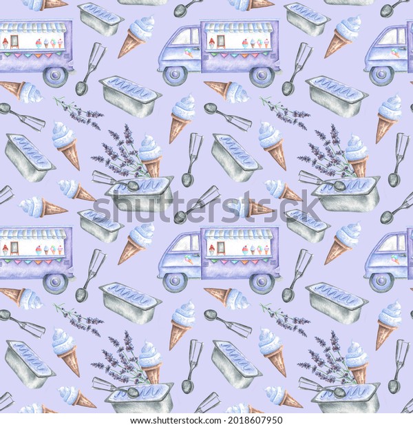 Lavender ice cream\
watercolor seamless pattern. Digital paper. Lavender ice cream.\
Summer dessert. Shop. Purple ice cream truck. For printing on\
textiles, fabrics, wrapping\
paper.