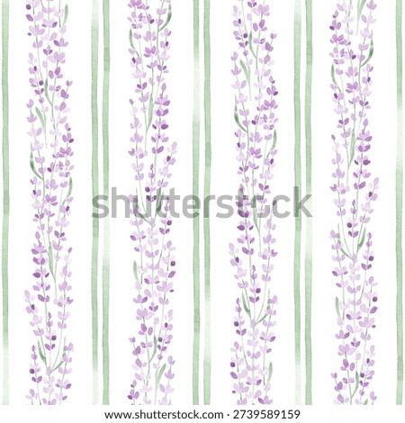 Lavender seamless pattern hand drawn with watercolor. Provence flowers and vertical lines. Elegant purple florals. Design for textile, fabric, packaging, wallpaper