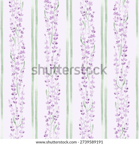 Lavender seamless pattern hand drawn with watercolor. Provence flowers and vertical lines. Elegant purple florals. Design for textile, fabric, packaging, wallpaper