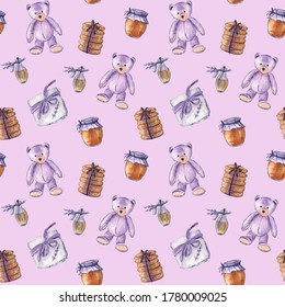 Lavender seamless pattern with plush bear, honey pot, cookies, napkin and lavender oil in a small bottle. Watercolor illustration for home decor and kids. 