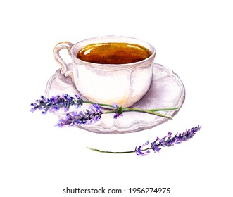 Lavender tea in vintage cup and flowers. Watercolor food llustration with calming antistress herbal drink