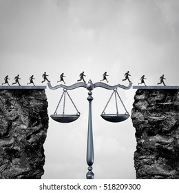 Law and attorney solution concept as a group of lawyers or corporate businessmen and businesswomen crossing cliffs helped by a justice scale as a bridge to legal help with 3D illustration elements.