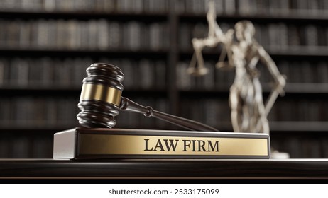 Law Firm: Judge's Gavel as a symbol of legal system, Themis is the goddess of justice and wooden stand with text word on the background of books. 3D Illustration - Powered by Shutterstock