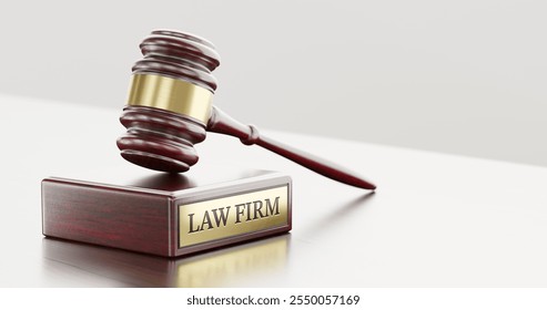 Law Firm: Judge's Gavel as a symbol of legal system and wooden stand with text word. 3D Illustration - Powered by Shutterstock