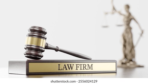 Law Firm: Judge's Gavel as a symbol of legal system, Themis is the goddess of justice and wooden stand with text word. 3D Illustration - Powered by Shutterstock