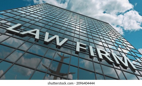 LAW FIRM Signboard On A Modern Skyscraper Reflecting Flying Airplane. 3D Rendering