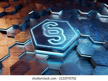 Law Icon Concept Engraved On Blue And Orange Metal Hexagonal Pedestral Background. Paragraph Justice Logo Glowing On Abstract Digital Surface. 3d Rendering