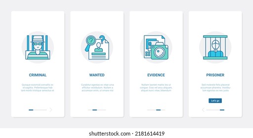 Law And Judgement Of Criminal Concept Illustration. UX, UI Onboarding Mobile App Page Screen Set With Line Crime Abstract Symbols With Wanted Criminal Person, Prison And Prisoner, Evidence