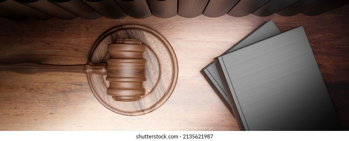 Law, Lawyer Office, Legal Books And Judge Gavel On Wooden Desk. Court Table Top View, Law School Library, Legislation Concept. 3d Render