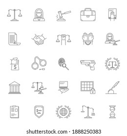 Law And Lawyer Signs Black Thin Line Icon Set Include Of Gun, Courthouse, Gavel, Scale, Briefcase, Handcuff, Handshake And Fingerprint. Illustration