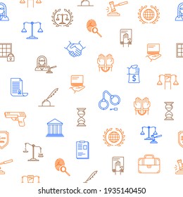 Law And Lawyer Thin Line Seamless Pattern Background On A White Include Of Gun, Courthouse, Gavel, Scale, Briefcase, Handcuff, Handshake And Fingerprint. Illustration