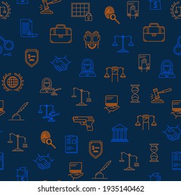 Law And Lawyer Thin Line Seamless Pattern Background Include Of Gun, Courthouse, Gavel, Scale, Briefcase, Handcuff, Handshake And Fingerprint. Illustration