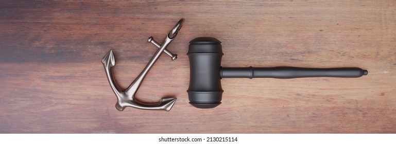 Law Of The Sea, Maritime Regulation Concept. Navy Ship Anchor And Judge Gavel On Wooden Table, Top View, Banner. 3d Render


