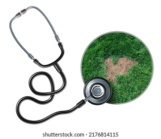 Lawn Care Health And Grub Damage As Damaged Grass Roots Causing A Brown Patch Disease In The Turf As A Specialist Stethoscope To Diagnose Landscaping Problems With 3D Illustration Elements.