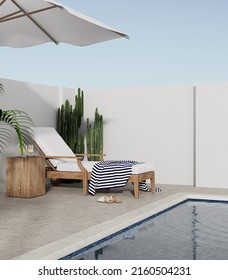 Lawn Chairs Overlooking Backyard And Swimming Pool, 3d Rendering