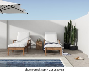 Lawn Chairs Overlooking Backyard And Swimming Pool, 3d Rendering