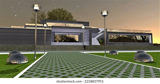 Lawn Pavement With White Curb In Front Of Stylish Porch Of Elite Suburban Dwelling At Night. Steel Balls And Street Lights Are On The Side. 3d Rendering.