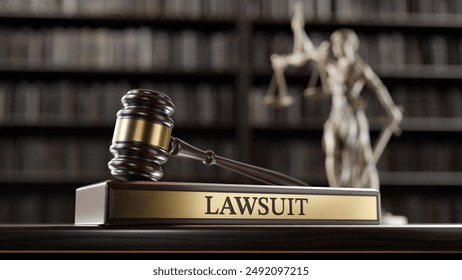 Lawsuit: Judge's Gavel as a symbol of legal system, Themis is the goddess of justice and wooden stand with text word on the background of books. 3D Illustration - Powered by Shutterstock