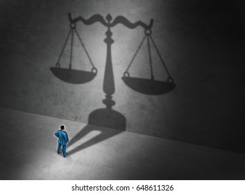 Lawyer Concept And Attorney Symbol Or A Judge As A Person Casting A Shadow Of A Justice Scale On A Wall As A Symbol For Common Law Or Civil Law Practice With 3D Illustration Elements.