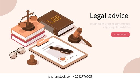 Lawyer Office Workplace With Signed Legal Contract, Judge Gavel, Scales Of Justice And Legal Books. Law And Justice Concept. Flat Isometric Illustration.