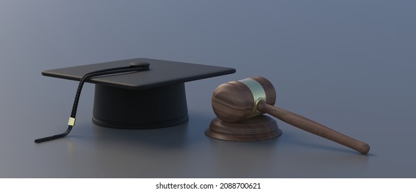 Lawyer Studies, Criminal Law School Graduate. College Education Degree. Graduation Cap And Judge Gavel On Grey Background. Justice, Legal Rights Concept. 3d Illustration
