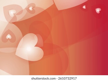 Layered Bokeh Background with Translucent White Hearts Containing Smaller White Hearts on a Gradient of Peach, Coral, and Deep Red