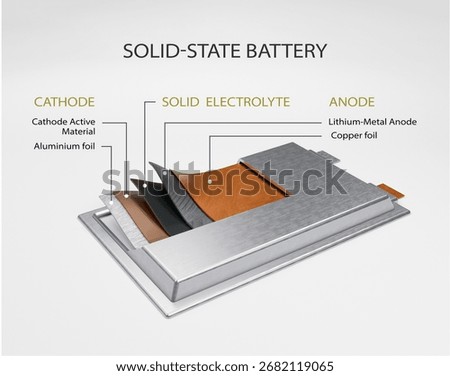 Layered breakdown of a solid-state battery showing cathode, solid electrolyte, and lithium-metal anode.